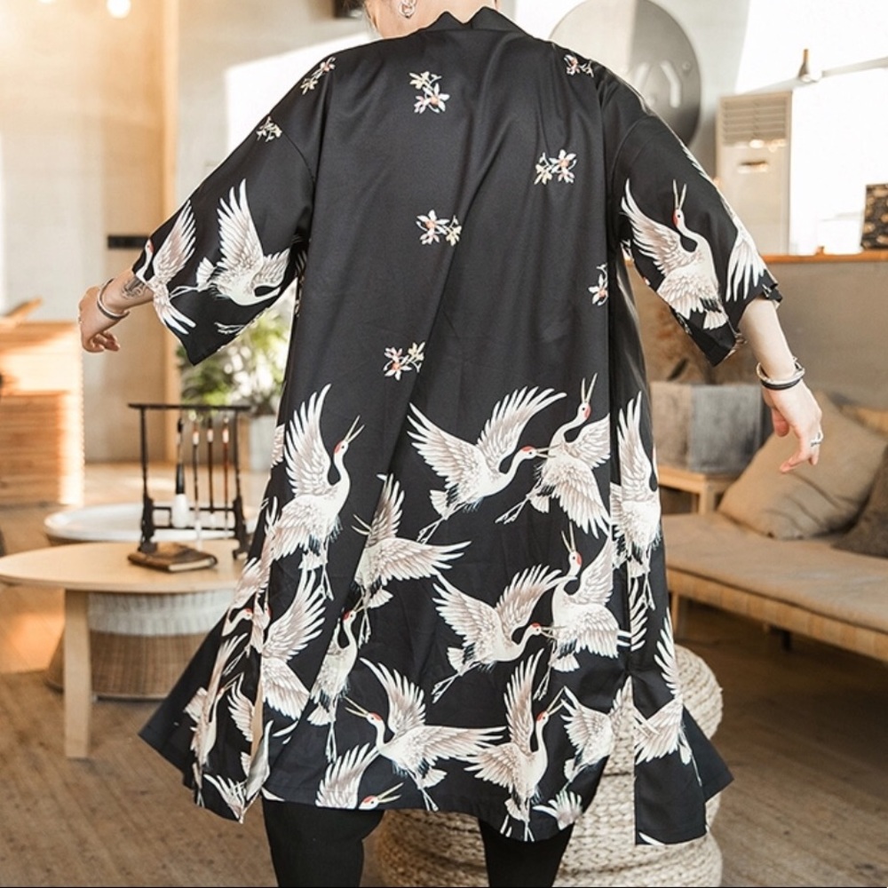 Unisex crane bird kimono satin robe - Picture 3 of 6